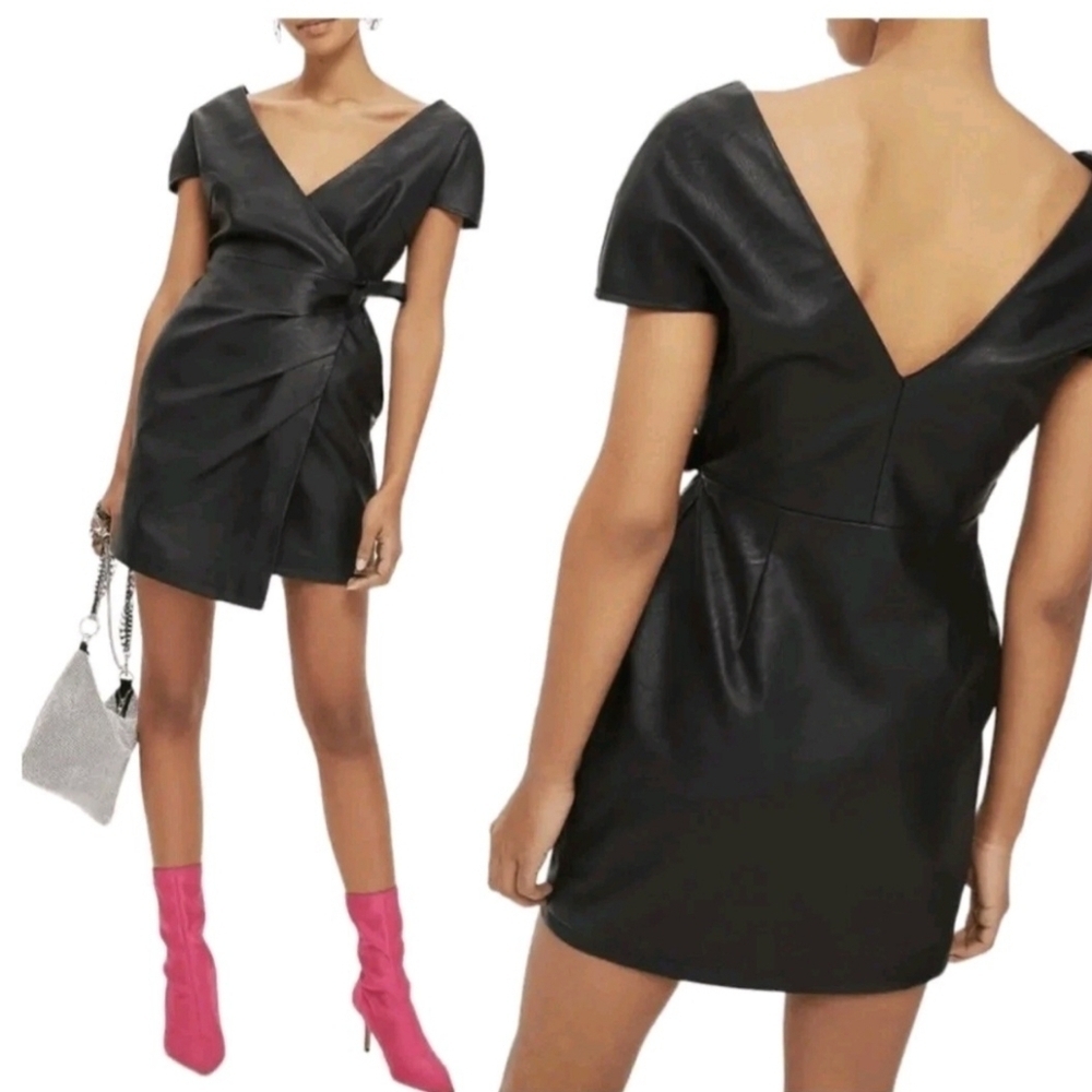 Topshop Mini Dress Women Size 8 Faux Leather Black Wrap V-Neck Chic Edgy Goth